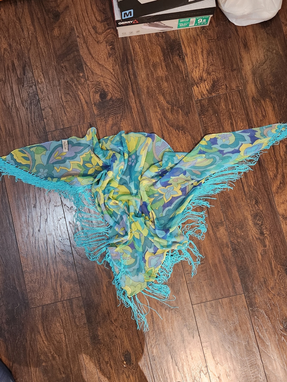 Floral Turquoise & Yellow Fringe Scarf Wrap